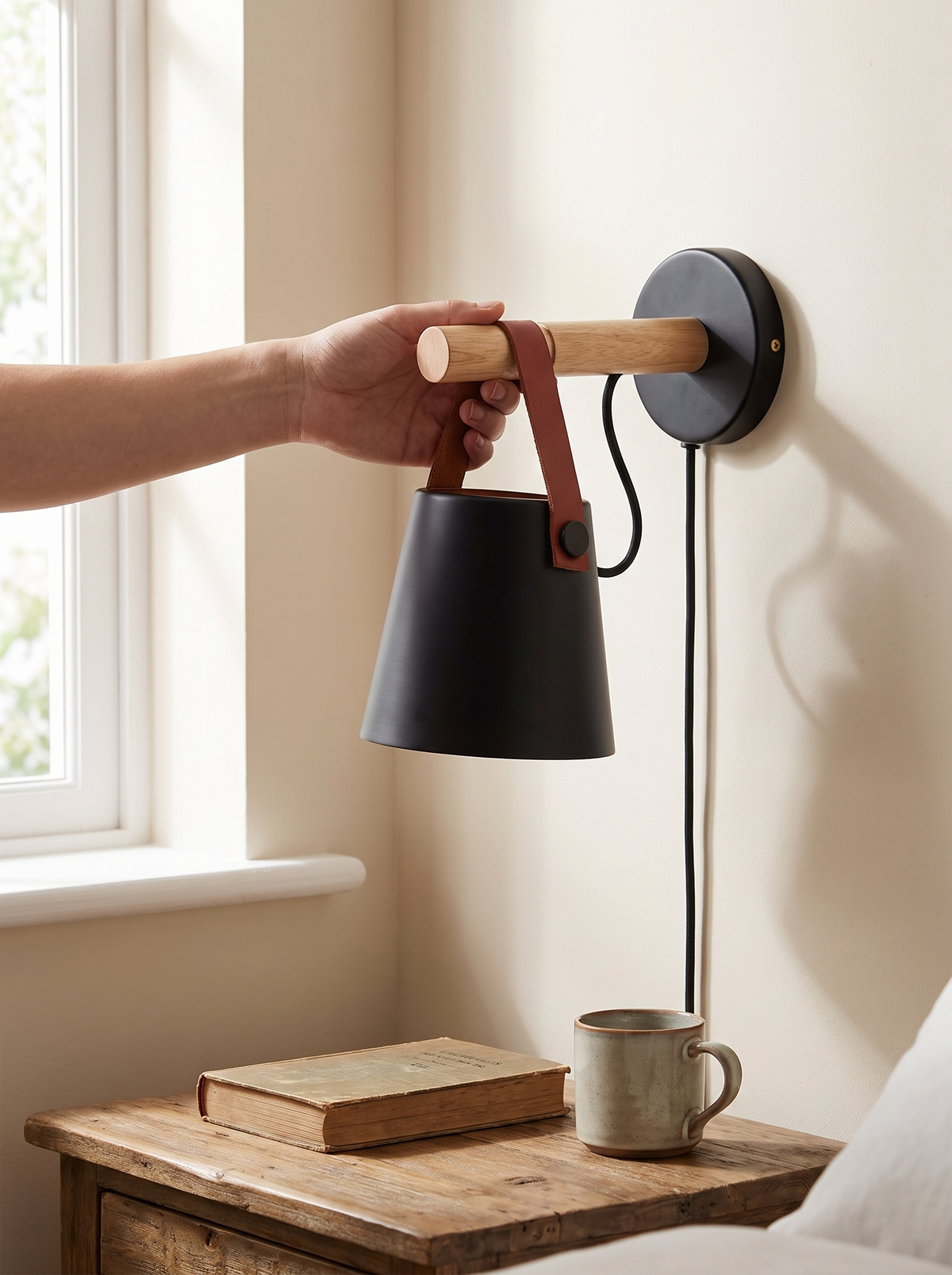 Wood leather hanging lamp lifestyle 1