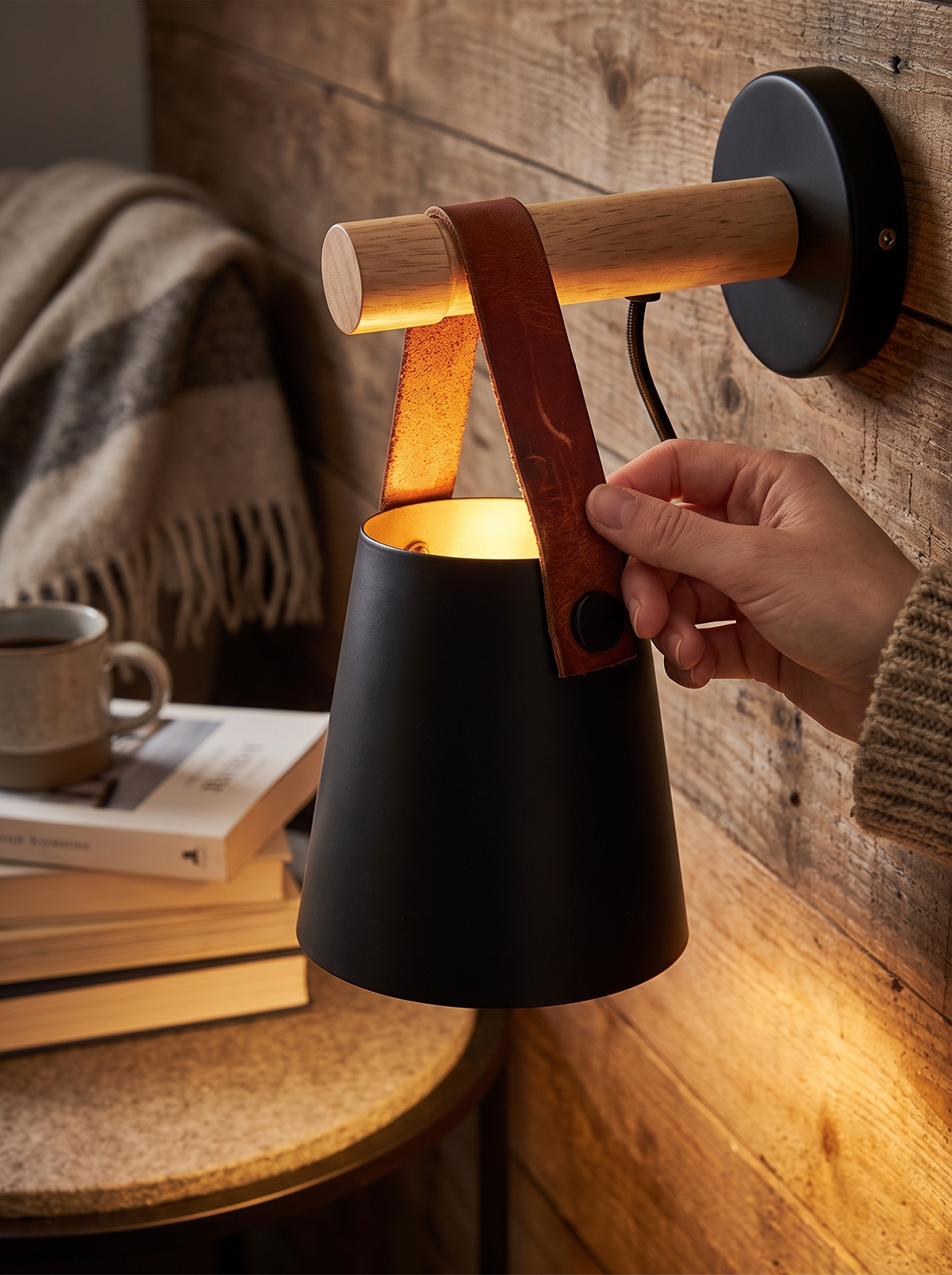 Wood leather hanging lamp lifestyle 3