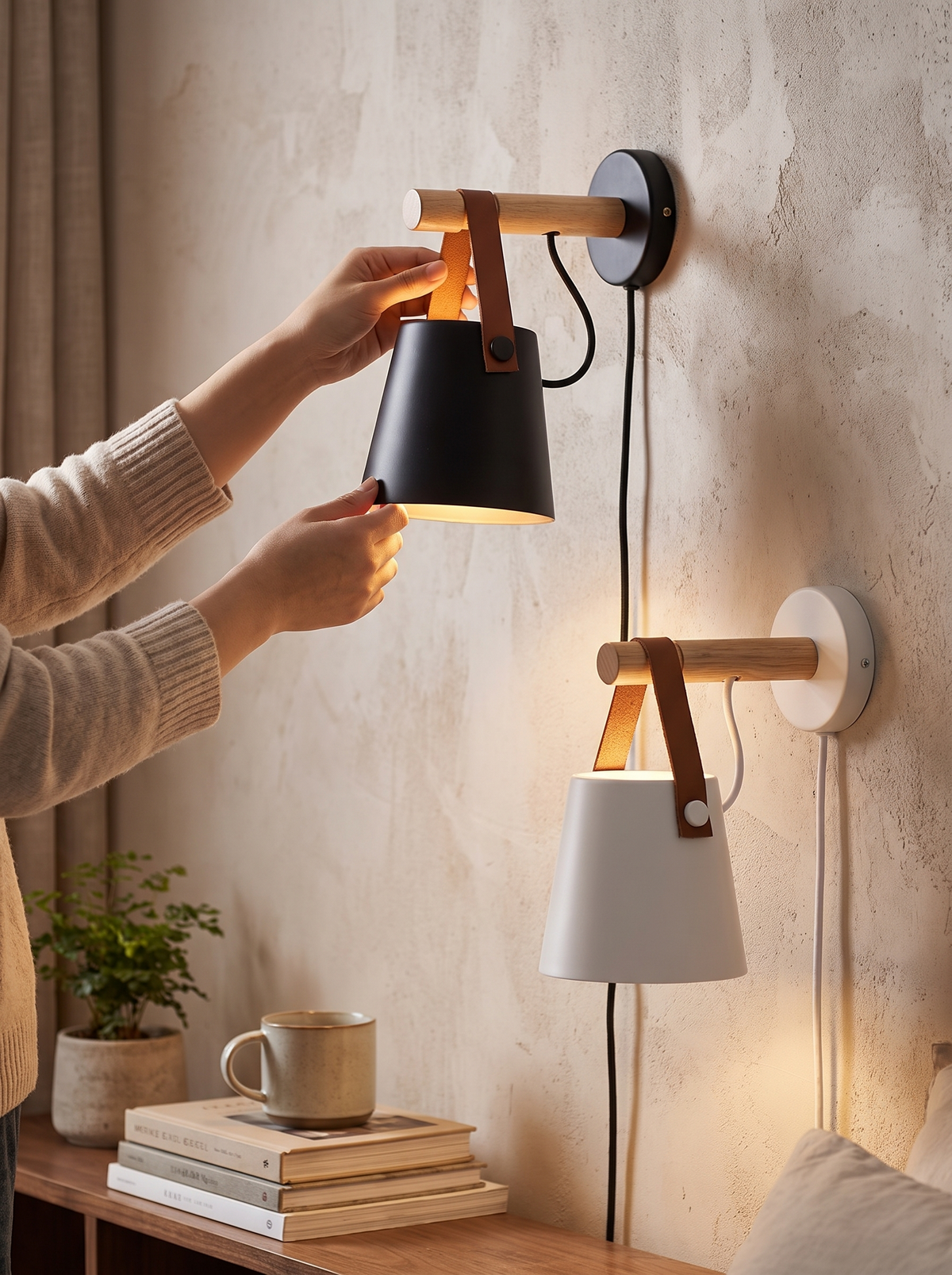 Wood leather hanging lamp lifestyle 2