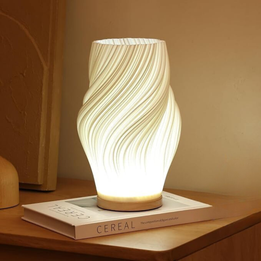 Table Lamp Modern Wave USB Dimmable Wood Base LED Light - Image 1