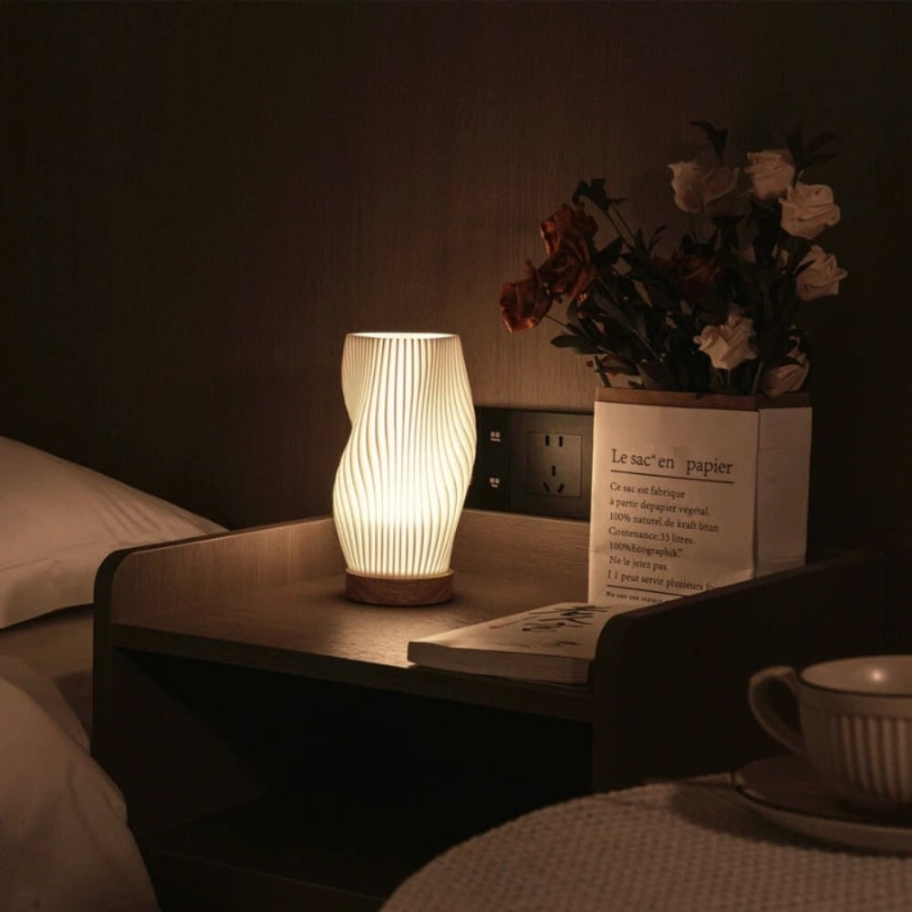 Table Lamp Modern Wave USB Dimmable Wood Base LED Light - Image 11