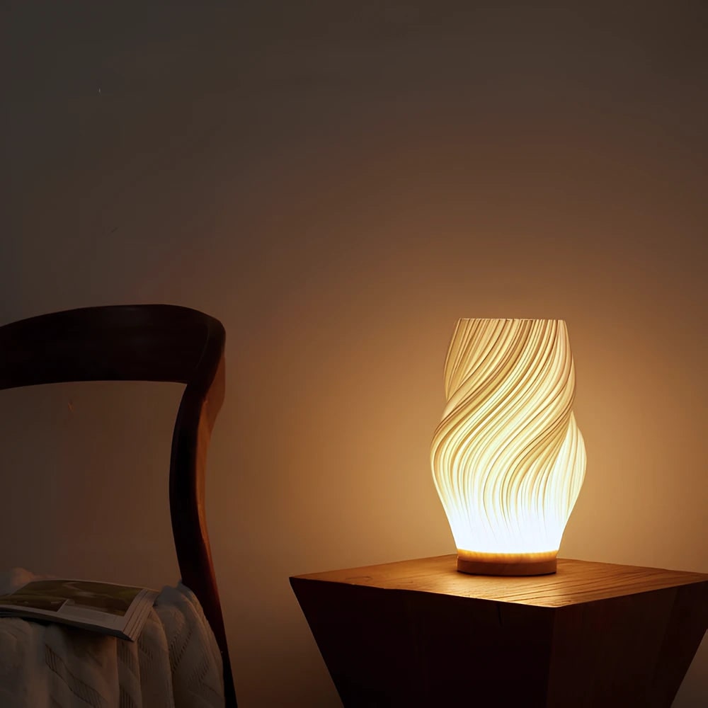 Table Lamp Modern Wave USB Dimmable Wood Base LED Light - Image 5